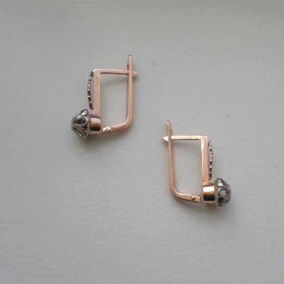 Vintage Soviet USSR 14K 583 Rose Pink White Gold Diamond Buttercup Earrings - Picture 4 of 7